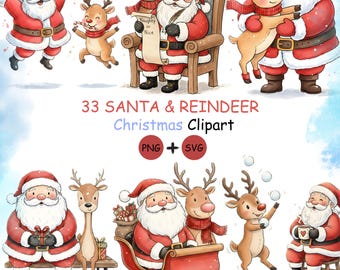 Santa & Reindeer Christmas Clipart: Festive Holiday Graphics (Digital Download - 33 PNGs)