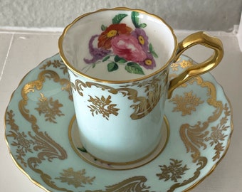 Vintage Paragon Fine Bone China Demitasse Cup and Saucer Set Double Warrant Robin’s Egg Blue Floral Design