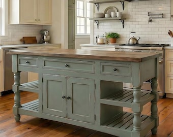 Farmhouse Kitchen Island with Storage Drawers Shelves, Rustic Wood Top Kitchen Island Table, Freestanding Kitchen Island_04