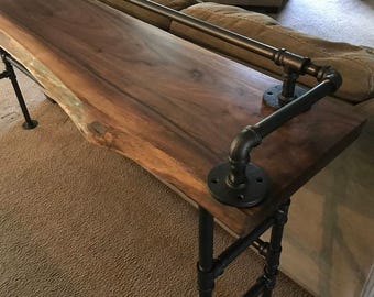 Live Edge Black Walnut Sofa Bar Table, Rustic Industrial Pipe Console Table, High Top Counter for Restaurant Cafe Pub, Meeting Table_03