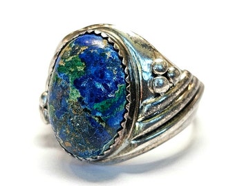 Mens Azurite Malachite Ring Sterling Signet Cabochon Ring Native Pictograph Mark