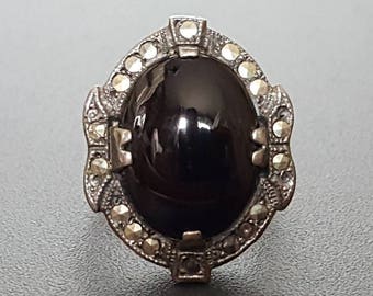 Art Deco Onyx Ring Sterling Silver & Marcasite Size 6