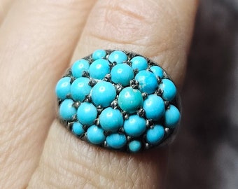 Victorian Turquoise Ring Pave Cluster Sterling Turquoise Cluster Dome Ring Size 7