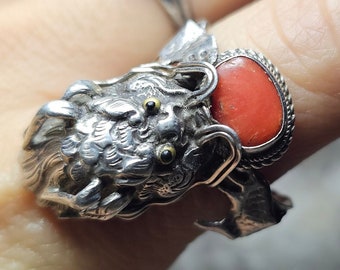 Nepal Dragon Ring Vintage Nepali Sterling & Coral Dragon Saddle Ring Size 9.5