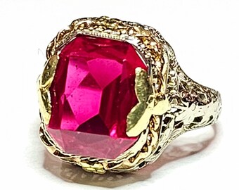 14K Ruby Ring Antique Art Deco Orange Blossoms & Filigree Milgrain Ring