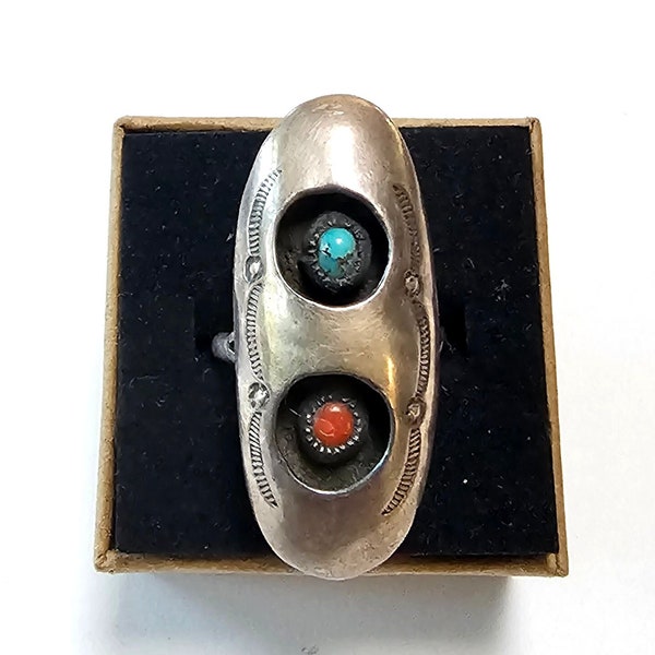 Anillo Navajo Shadowbox 1970 Vintage Coral & Turquesa Sterling Shadowbox Dome Ring Tamaño 7.5