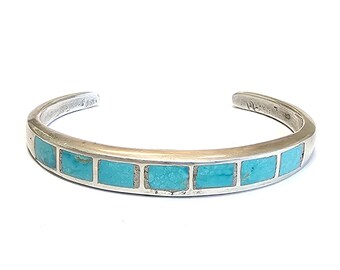 Navajo Turquoise Inlay Row Cuff Bracelet Vintage Dine Turquoise Sterling Silver Size 6