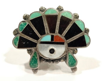 Tie Tack Zuni Sun Face Acoma Jet Turquoise MOP Incrustations Corail