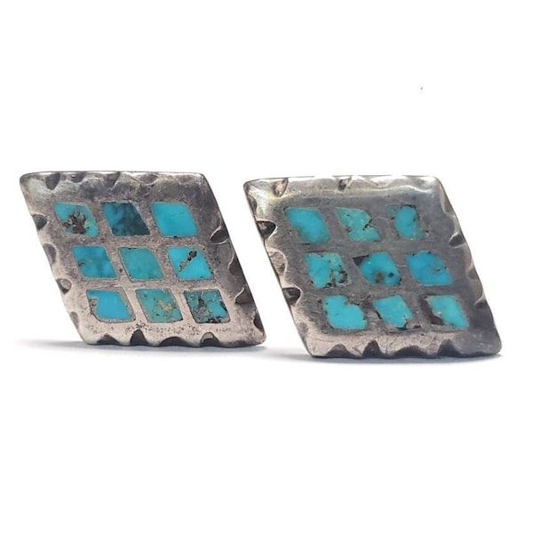 Turquoise Cuff Links Vintage Zuni Blue Gem Turquoise Inlay Sterling Cuff Links ca 1950s