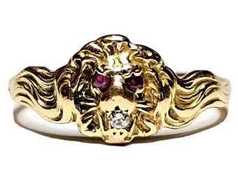 14K Lion Ring Ruby Eyes Diamond Mouth Signed Vintage Lion Ring Size 6