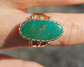 14k Turquoise Navajo Ring Vintage Diné Signed GW Green Turquoise 14k Ring Size 6.5