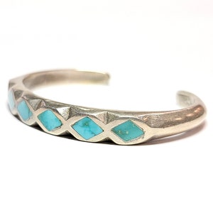 Navajo Turquoise Inlay Row Cuff Bracelet Vintage Dine Turquoise Sterling Silver Size 5.75 image 4