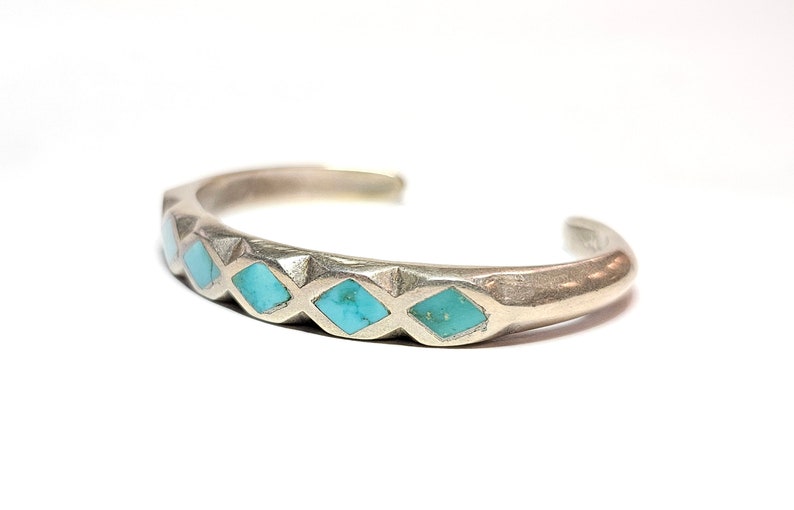Navajo Turquoise Inlay Row Cuff Bracelet Vintage Dine Turquoise Sterling Silver Size 5.75 image 4