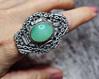 Vintage Apple Green Jadeite Sterling Ring - Size 10.5