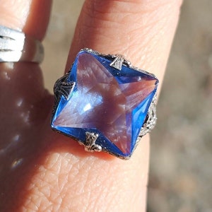 Antique Sapphire Ring Edwardian Era Sapphire Glass Sterling Ring Size 8.5 image 1