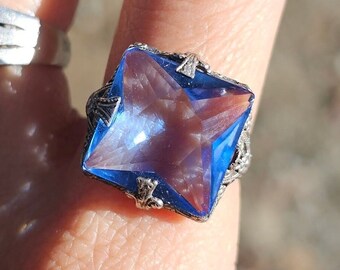 Antique Sapphire Ring Edwardian Era Sapphire Glass Sterling Ring Size 8.5