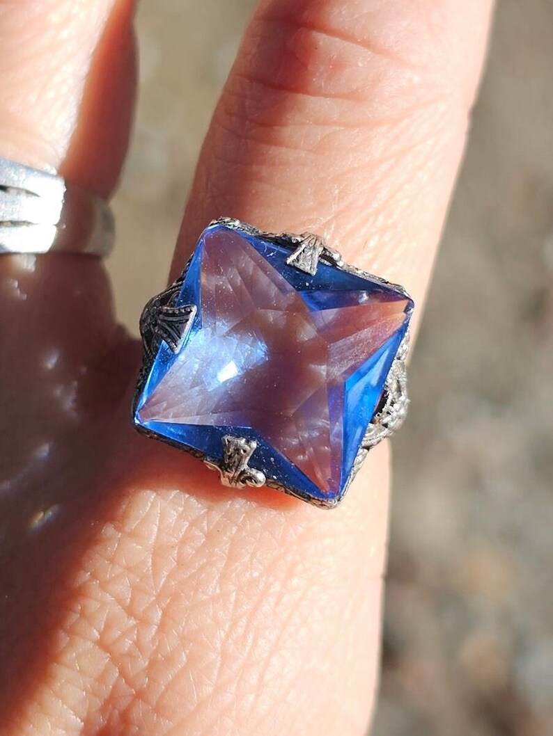 Antique Sapphire Ring Edwardian Era Sapphire Glass Sterling Ring Size 8.5 image 1