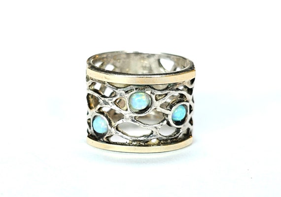 Opal Ring 14K/925 Ornate Cigar Band Ring Lab Opal… - image 2