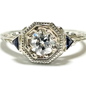18K Art Deco Diamond & Sapphire Ring 1/2 CT ca 1920-30s Size 6.25 image 2