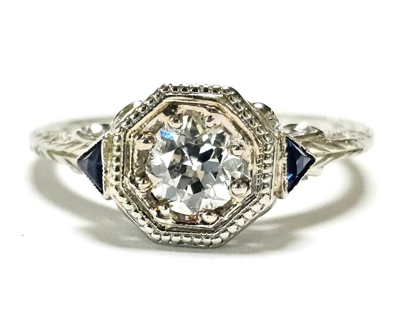 18K Art Deco Diamond & Sapphire Ring 1/2 CT ca 1920-30s Size 6.25 image 2