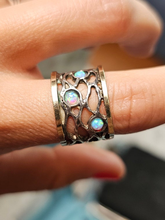 Opal Ring 14K/925 Ornate Cigar Band Ring Lab Opal… - image 1