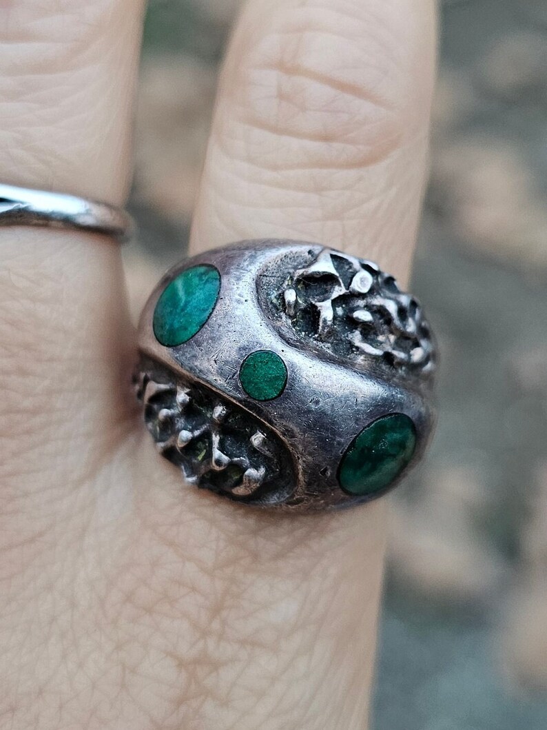 Malachite Sterling Ring Abstract Modernist Mexico Mateo Ring Size 9 ca 1960s image 1