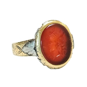 Antique Georgian Carnelian Intaglio Mercury Ring 1800s 14K & Sterling Accents Size 9.25