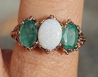 Opal Emerald Ring Antique Victorian English Rose Gold Ring Australian Opal Columbian Emerald 9k