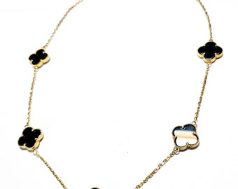 14k Onyx Clover Necklace 18" Long Yellow Gold 1/2" Wide