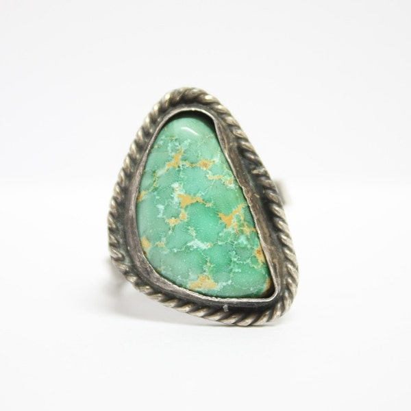 Sterling Turquoise Ring Emerald Green Brown Matrix Interesting Setting Size 10