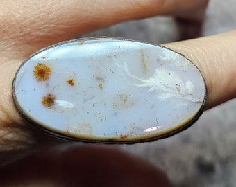 Womens White Agate Ring Vintage Graveyard Point Plume Agate Sterling Ring Size 7
