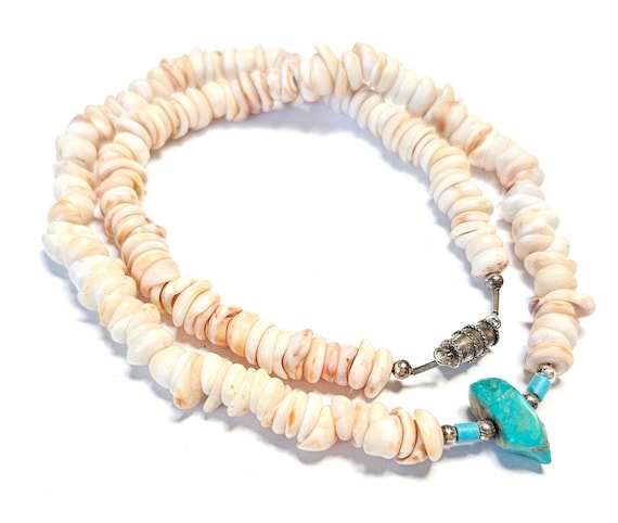 1970年代ヴィンテージ プカシェルネックレス、ターコイズナゲット、18