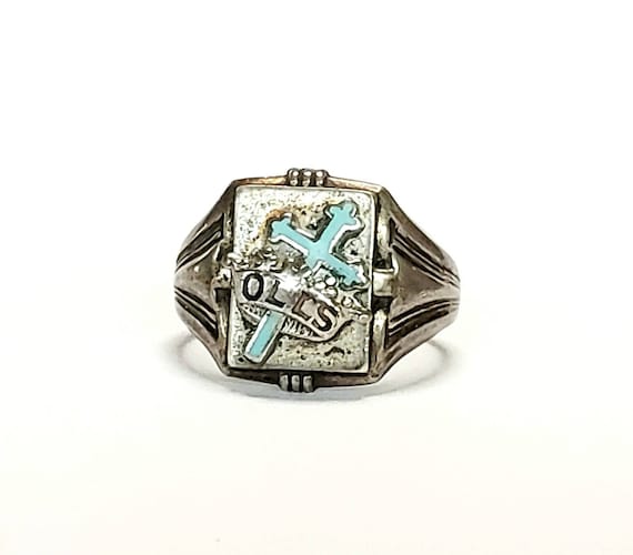 Vintage Signet Ring Christian OLLS Sterling & Ena… - image 3