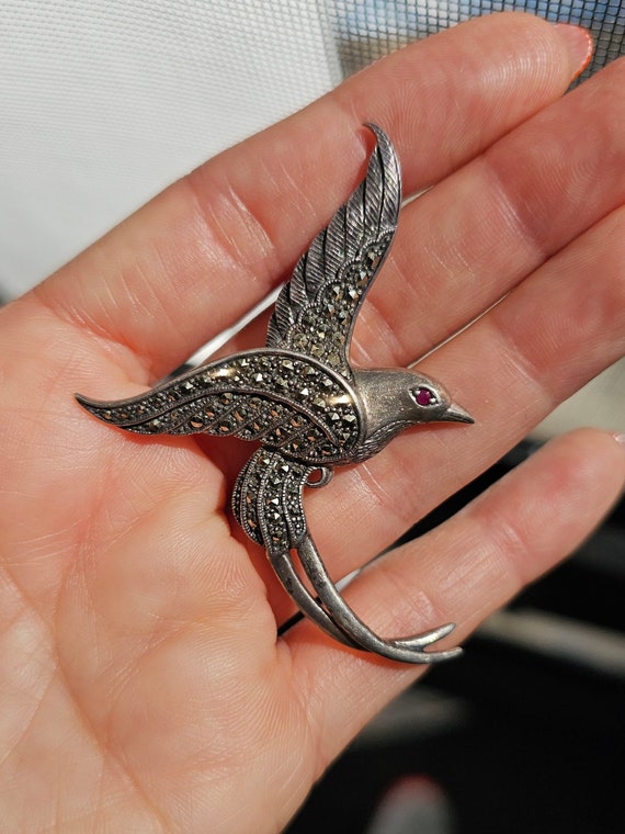 Sterling Sparrow Brooch Ruby Eye & Marcasite Bird… - image 1