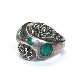 Malachite Sterling Ring Abstract Modernist Mexico Mateo Ring Size 9 ca 1960s image 3