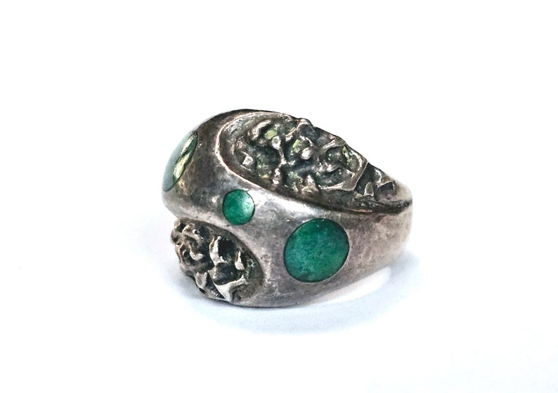 Malachite Sterling Ring Abstract Modernist Mexico Mateo Ring Size 9 ca 1960s image 3