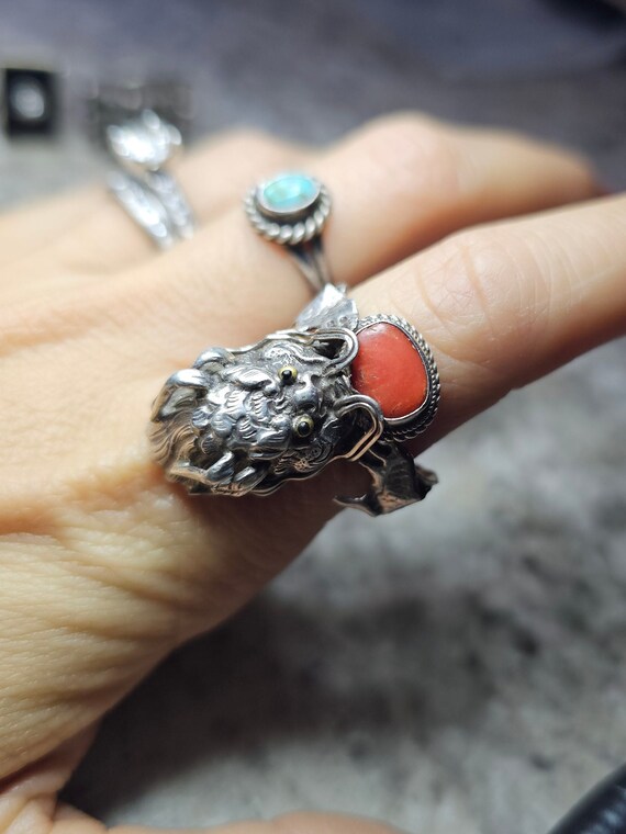 Nepal Dragon Ring Vintage Nepali Sterling & Coral 