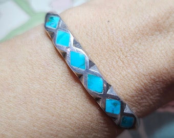 Navajo Turquoise Inlay Row Cuff Bracelet Vintage Dine Turquoise Sterling Silver Size 5.75"