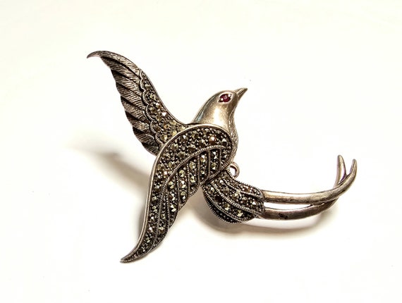 Sterling Sparrow Brooch Ruby Eye & Marcasite Bird… - image 4