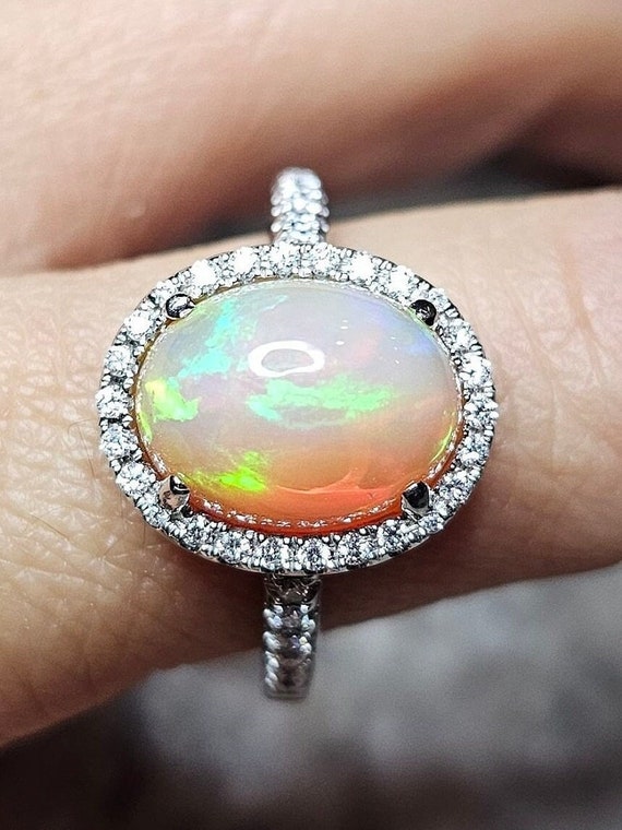 14K Opal Diamond Ring Ethiopian Welo Opal White Go