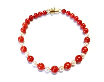 14k Red Coral Bracelet with White Culture Pearls (7.5 inch)