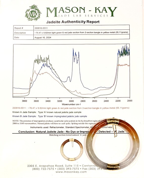 14K Jade Bangle Feu Cui Yu Type A Red Jadeite Jad… - image 6