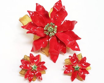 Retro Chic: Vintage 1960's Cellulose Acetate Lucite Flower Brooch & Earring Set in Bold Red and Clear Petals