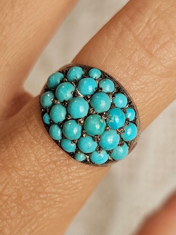 Victorian Turquoise Ring Pave Cluster Sterling Tur