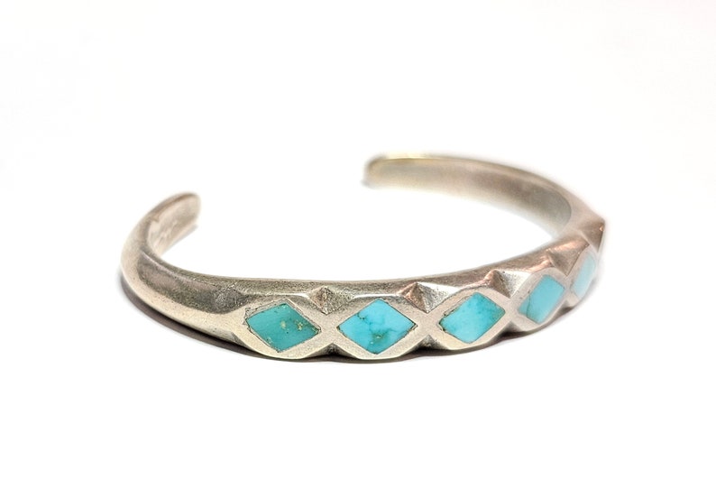 Navajo Turquoise Inlay Row Cuff Bracelet Vintage Dine Turquoise Sterling Silver Size 5.75 image 3