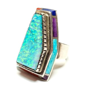 Important Larry Castillo Vintage Native American Navajo Opal Sterling Silver Inlay Ring Important Larry Castillo Vintage Native American Navajo Opal Sterling Silver Inlay Ring