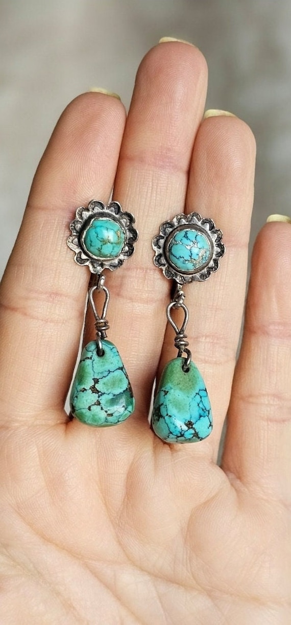 Turquoise Tab Earrings 1930s Sterling Pilot Mounta