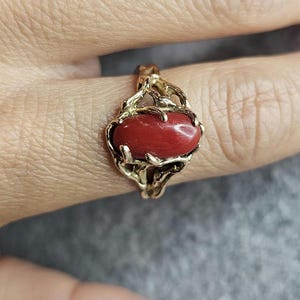 14k Coral Ring Ox Blood Red Mediterranean Coral Yellow Gold Size 8