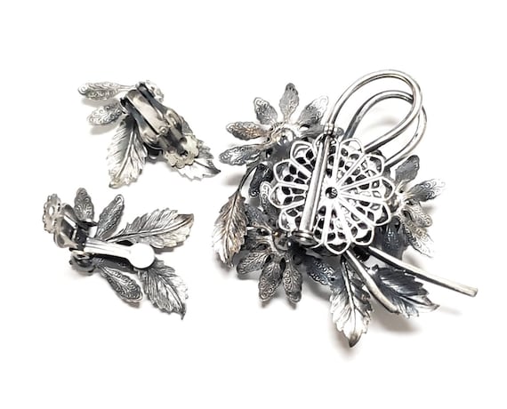 Vintage Rhinestone Flower Brooch Earring Set: Mir… - image 5