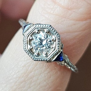 18K Art Deco Diamond & Sapphire Ring 1/2 CT ca 1920-30s Size 6.25 image 1